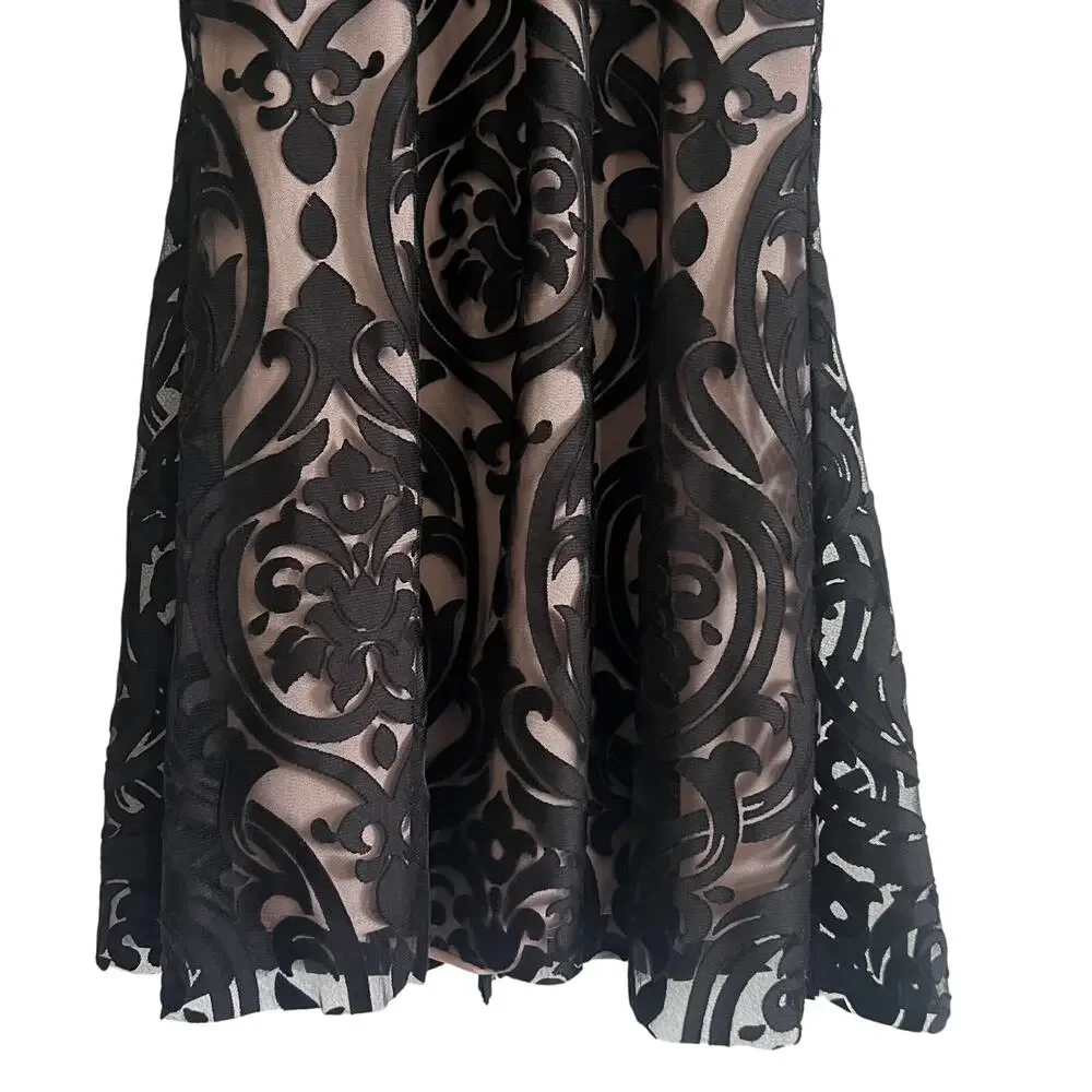 Xscape Black Flocked Mesh Mermaid Gown Long Sleeve Formal Dress 8 - Picture 6 of 9